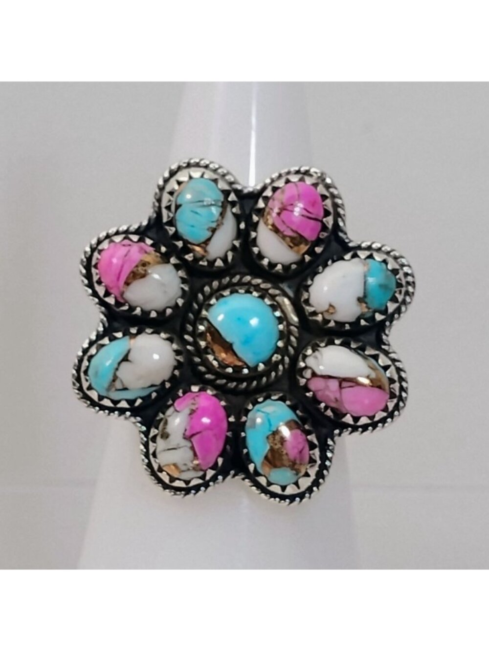Sterling Silver Cotton Candy Turquoise flower Cluster Ring Adjustable